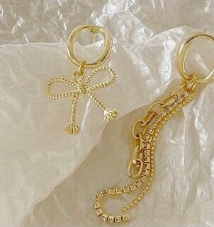 Mismatched Ribbon Earrings, Asymmetric Earrings, Gold Bow Threader, Gold Fringed Earrings, Mismatched Drop Chain, Hoop Earrings, Streetwear