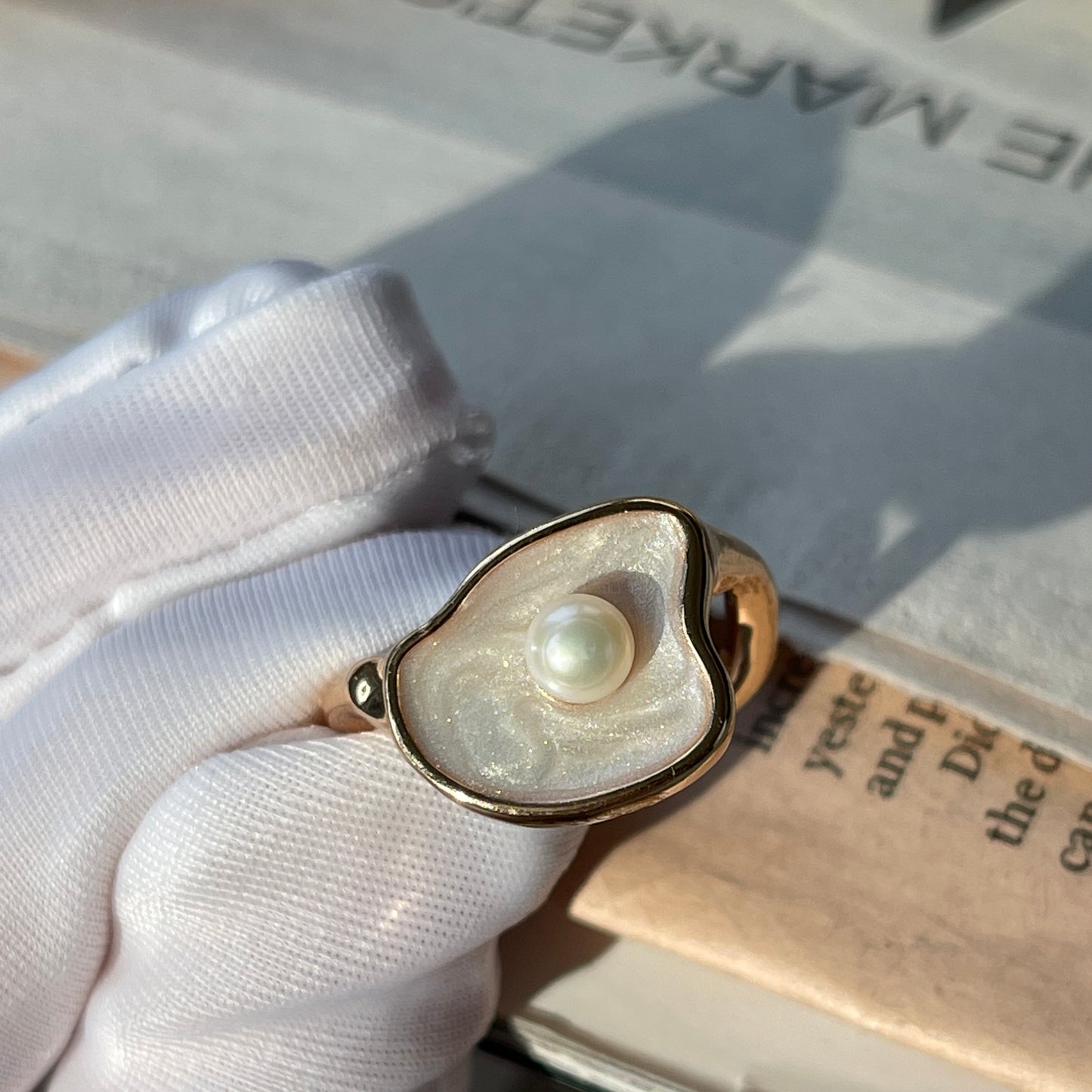 Mother of Pearl Chunky Gold Open Ring | Unique Freshwater Pearl and Shell Cocktail Rings