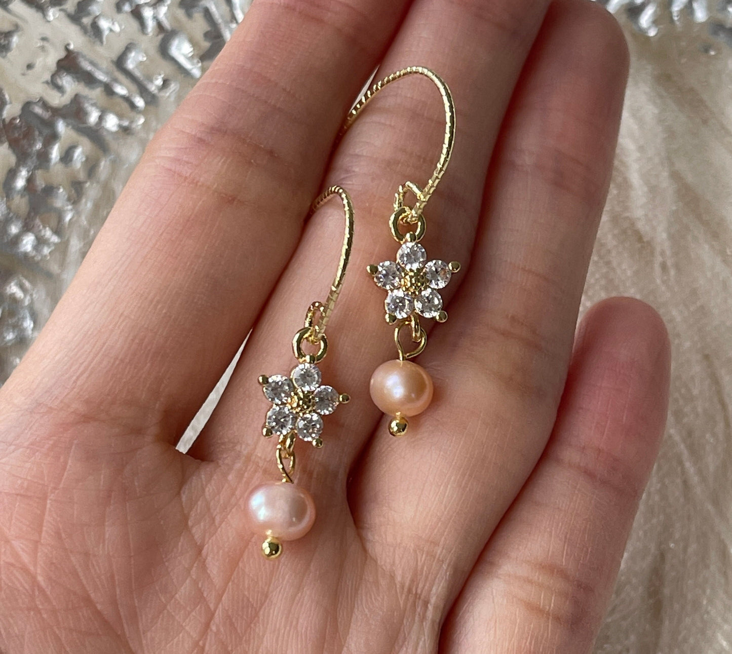 Natural Pink Pearl Crystal Floral Earrings | Pink Pearl Bridesmaid Wedding Earrings