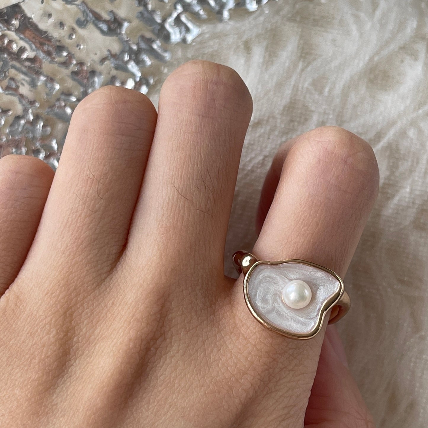 Mother of Pearl Chunky Gold Open Ring | Unique Freshwater Pearl and Shell Cocktail Rings
