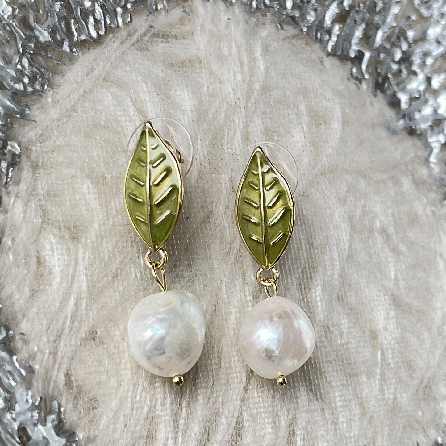 Freshwater Pearl Earrings, Green Leaf Vine Stud Earrings, Baroque Pearl Dangle, Chunky Earrings, Statement Earrings, Bridesmaid Wedding Gift