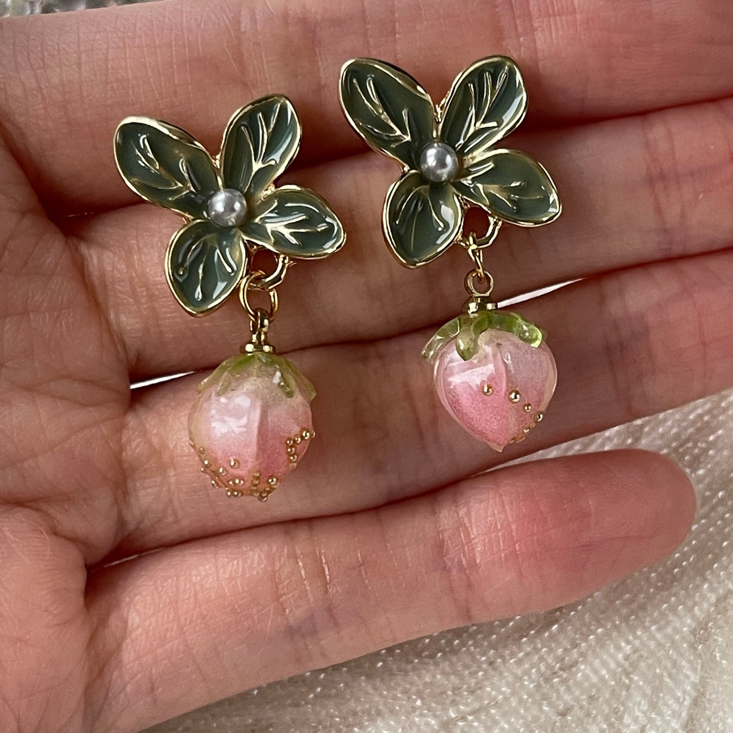 Y2K Cute Pink Strawberry Green Leaf Earrings - Creative 3D Miniature Earrings