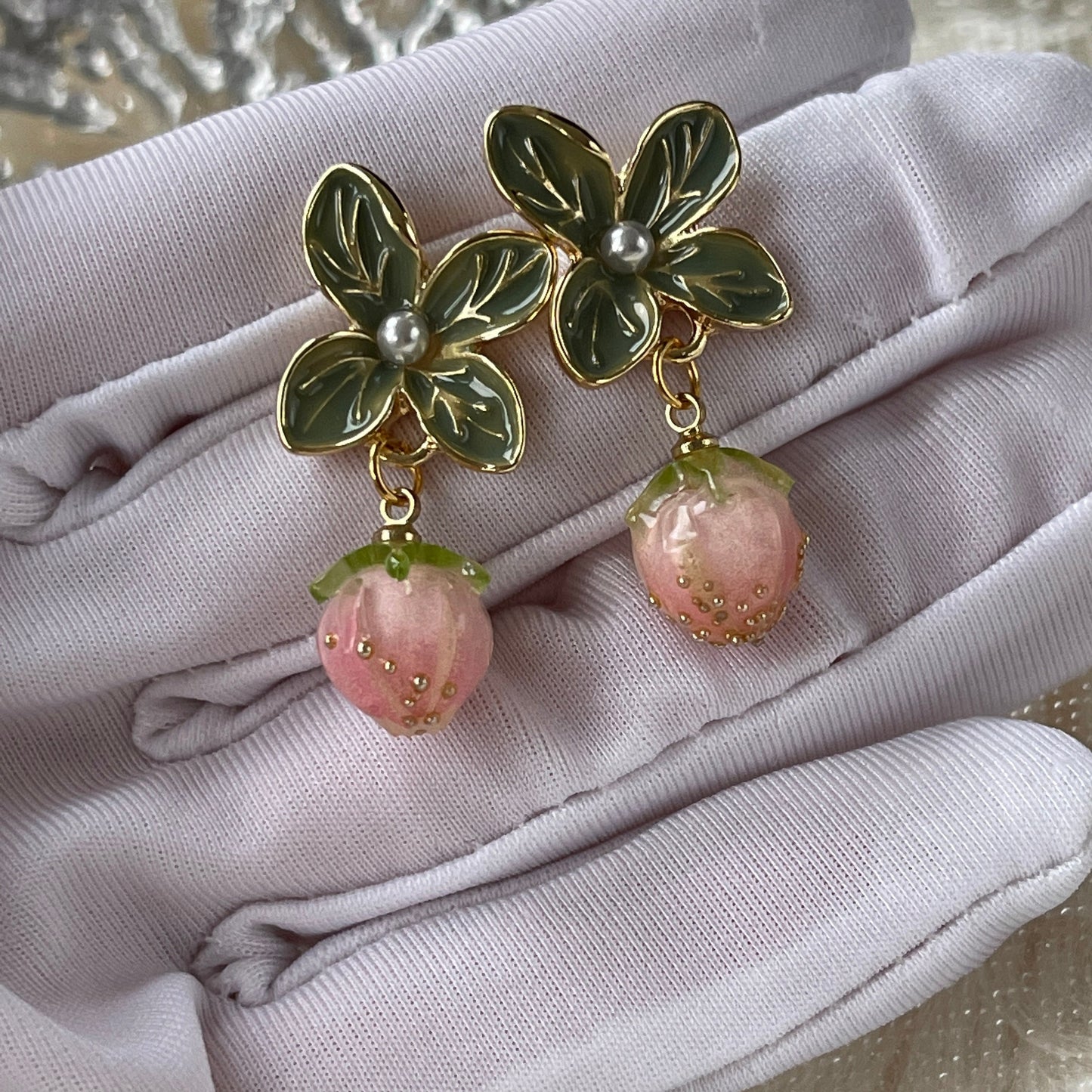 Y2K Cute Pink Strawberry Green Leaf Earrings - Creative 3D Miniature Earrings