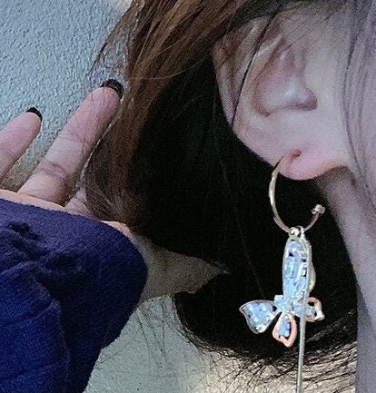 Mismatched Butterfly Dangle, Asymmetric Earrings, Pearl Drop Gold Earrings, Large Dangle Earrings, Statement Hoop Earrings, Romantic Jewelry