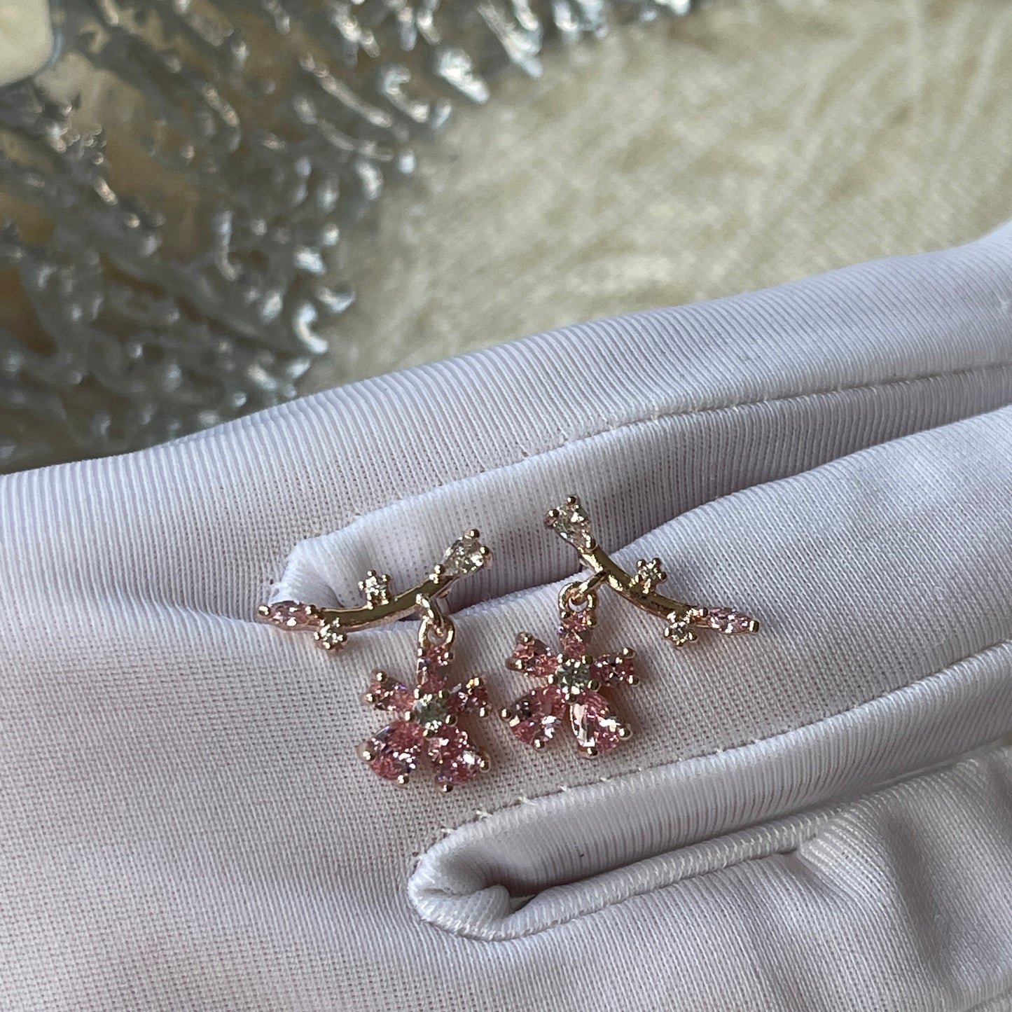 Pink flower earrings, Cherry blossom earrings, Japanese sakura earrings, Dainty ear climber, Star celestial ear jacket, Pastel pink earrings