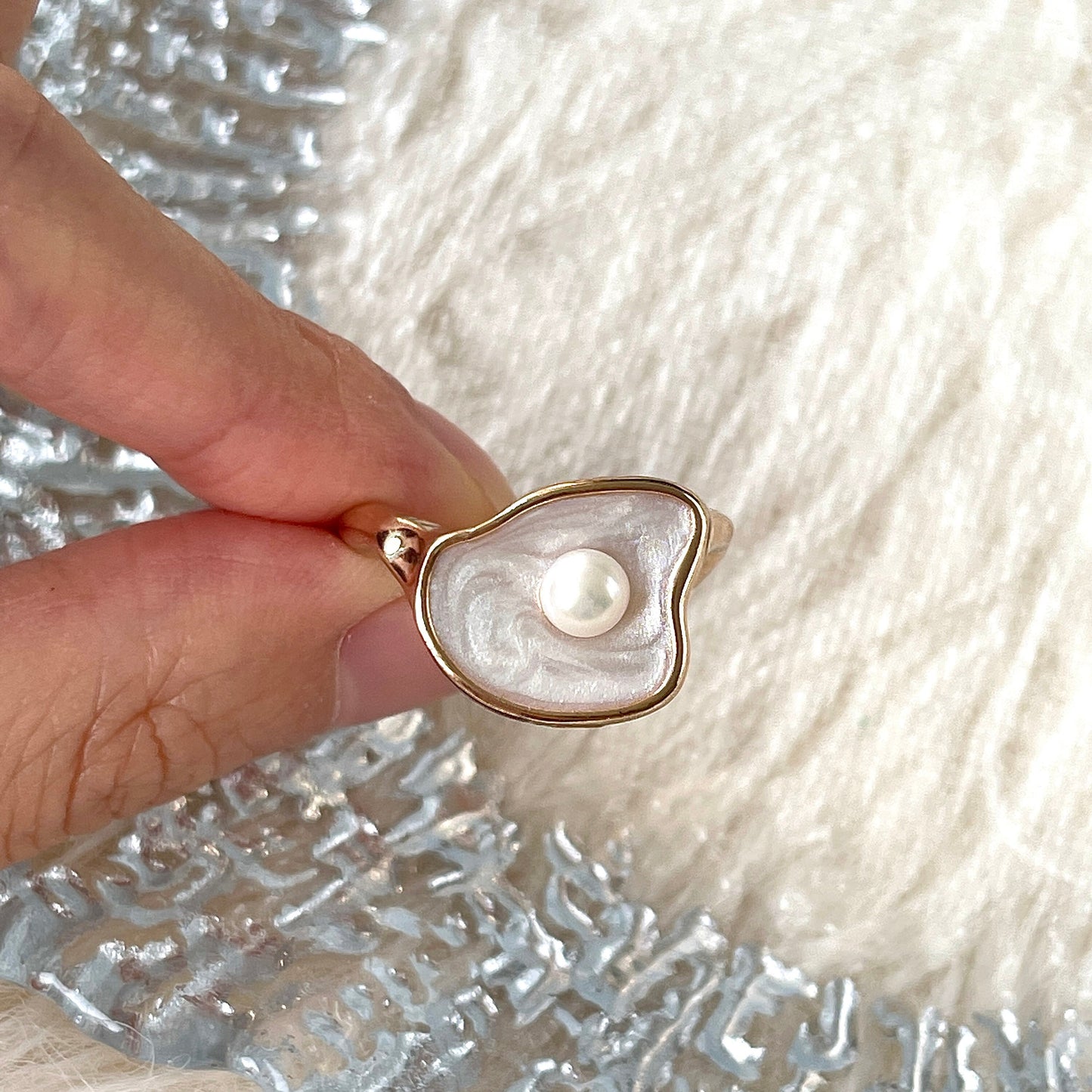 Mother of Pearl Chunky Gold Open Ring | Unique Freshwater Pearl and Shell Cocktail Rings