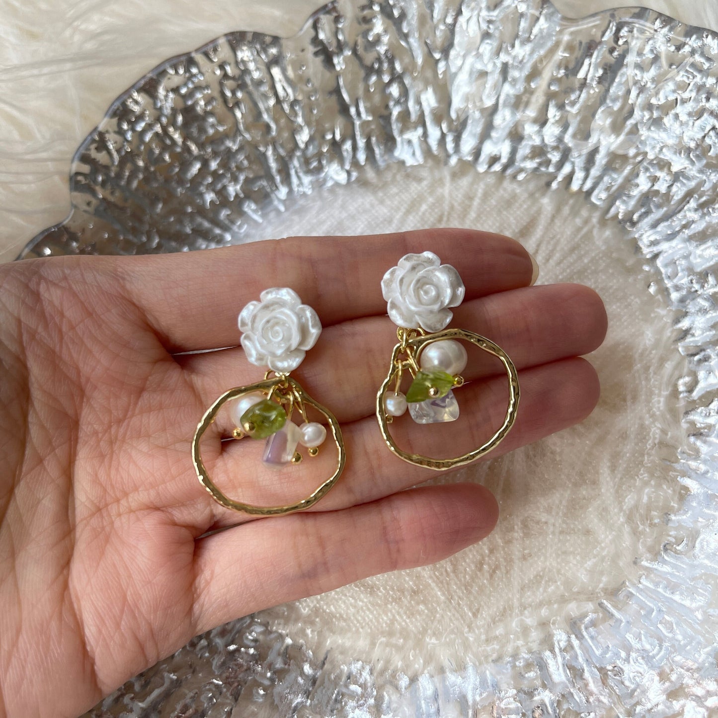 Cupid Love Fairycore Earrings | White Rose Gold Hoop Dangle Earrings