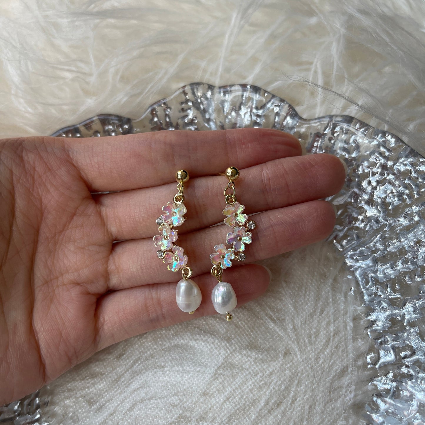Cherry Blossom Earrings - Flower Cluster Natural Pearl Drop Earrings