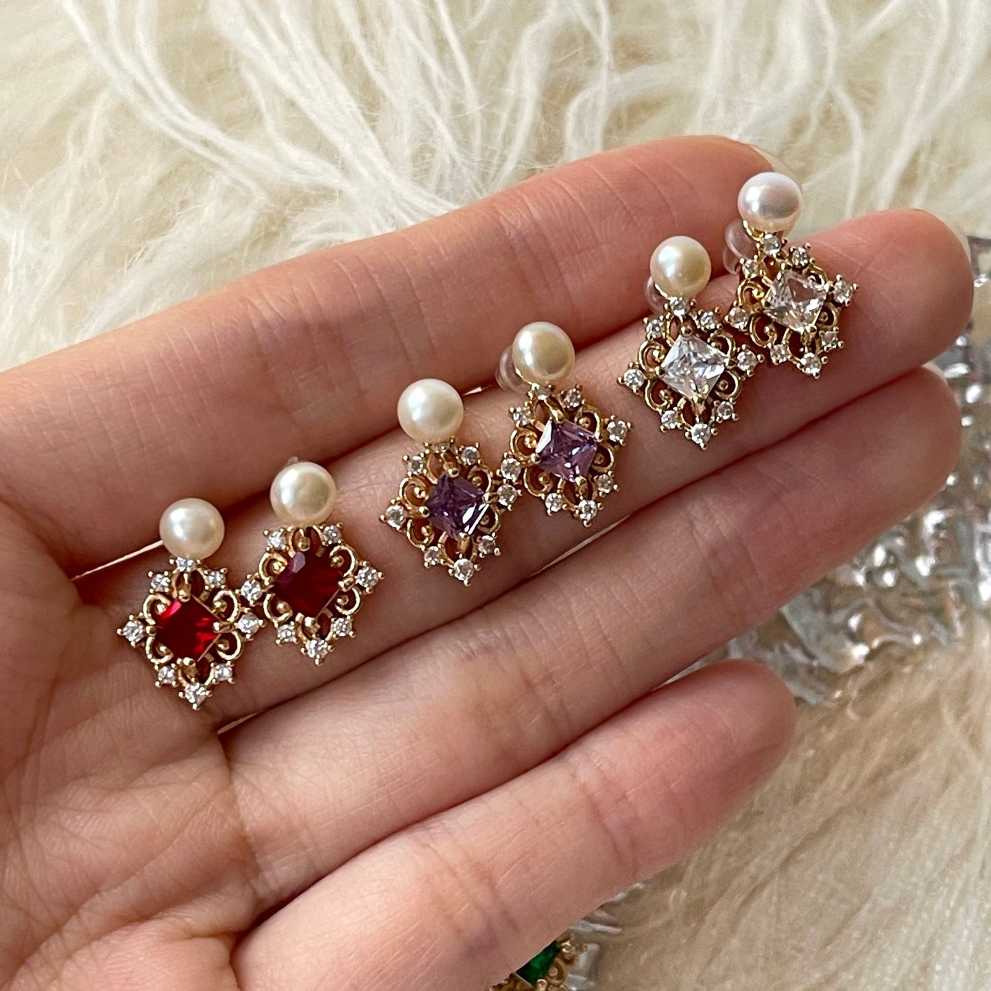 Natural Pearl Dainty Studs Ruby Amethyst Crystal Earrings | DIY 2 Way Versatile Earrings Gift