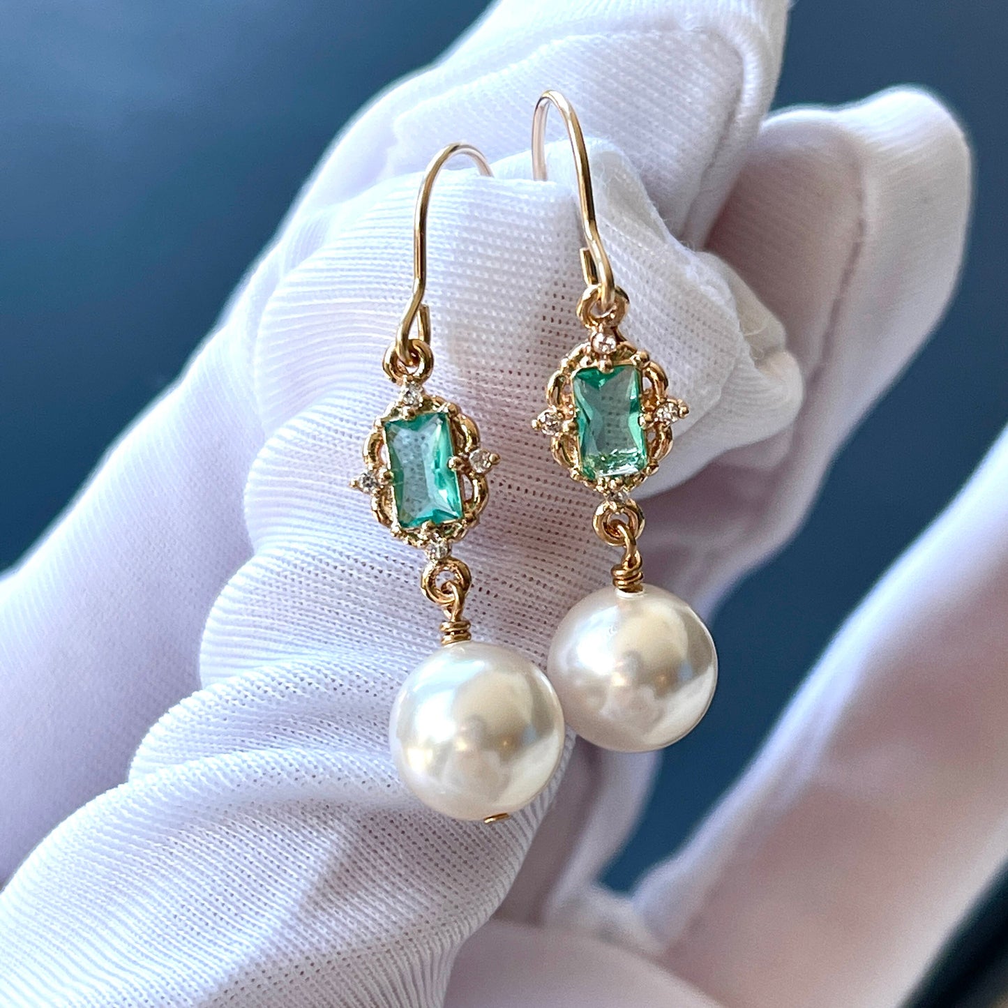 Ivory Pearl Aqua Green Drop Earrings - Aquamarine Wedding Bridesmaid Dainty Earrings Gift