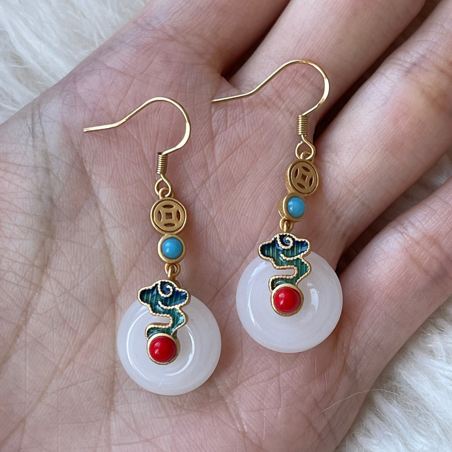 Natural Round Jade Earrings - Rotatable Gold Coin Vintage Statement Earrings