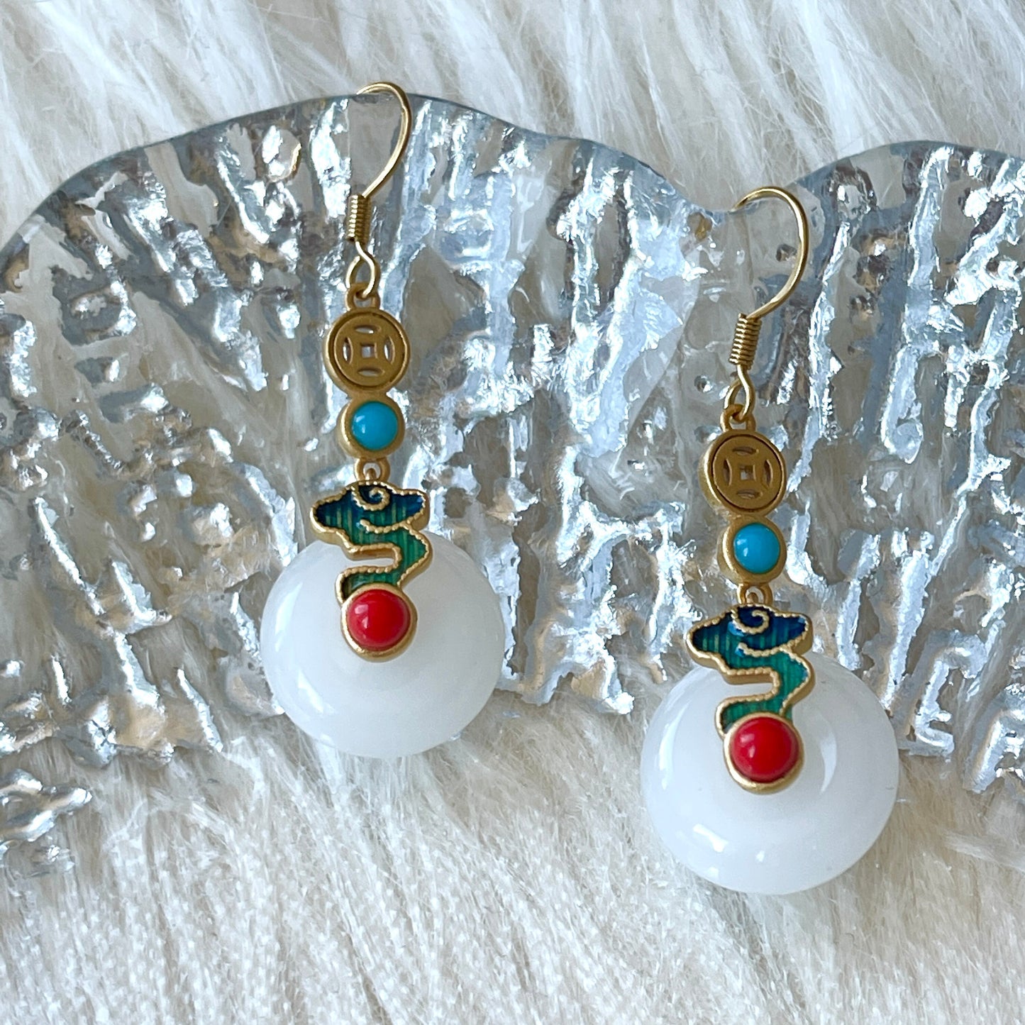 Natural Round Jade Earrings - Rotatable Gold Coin Vintage Statement Earrings