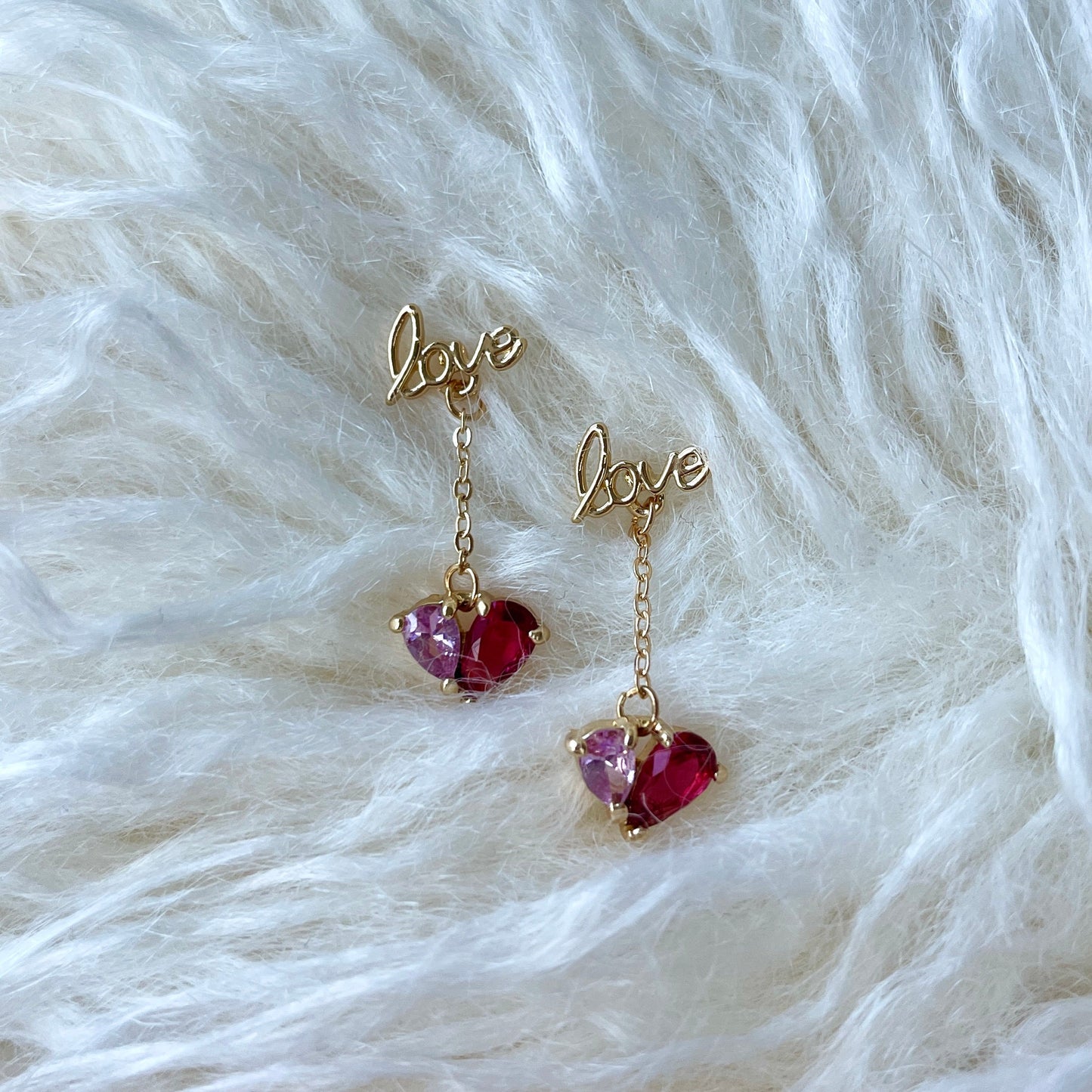 Love Letter Pink Heart Dangle Drop Earrings | Handmade 2 Tone Pink Crystal Gemstone Earrings