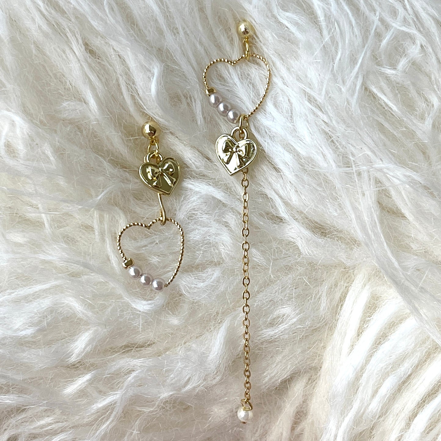 Minimalist Mismatched Angel Heart Earrings - Gold Heart Long Pearl Drop Earrings