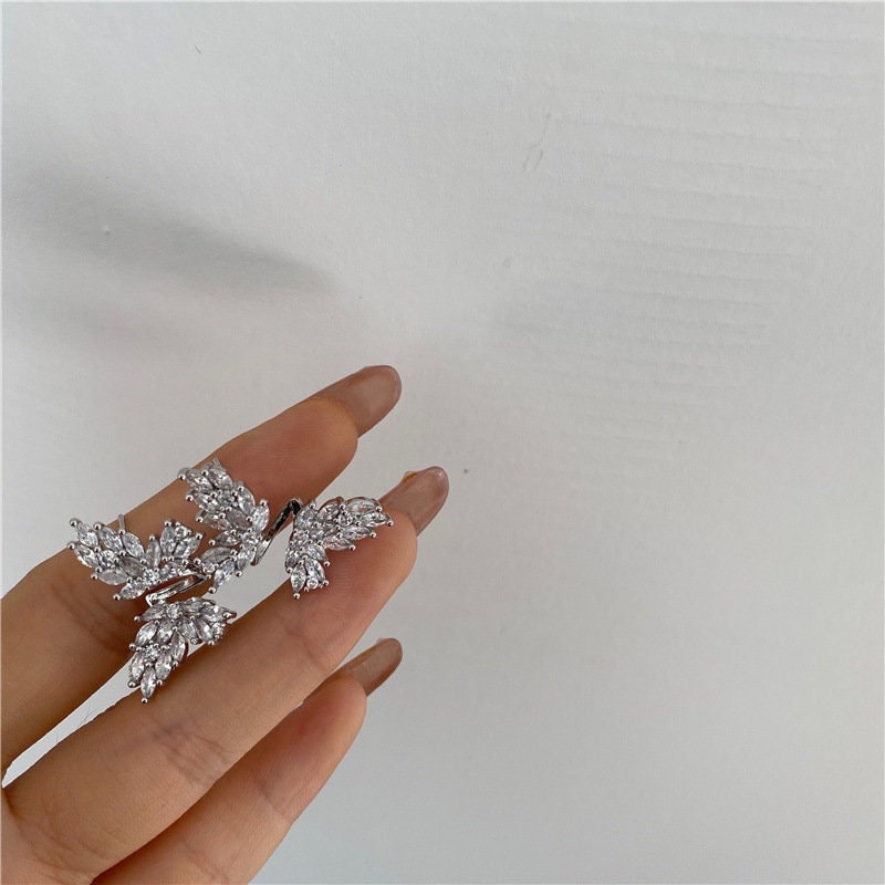 Butterfly Ear Climber, Angel Wings Earrings, Iced out Bling Diamond Earrings, Vine Leaf Bridesmaid Gifts, White Gold Earrings, Mismatched