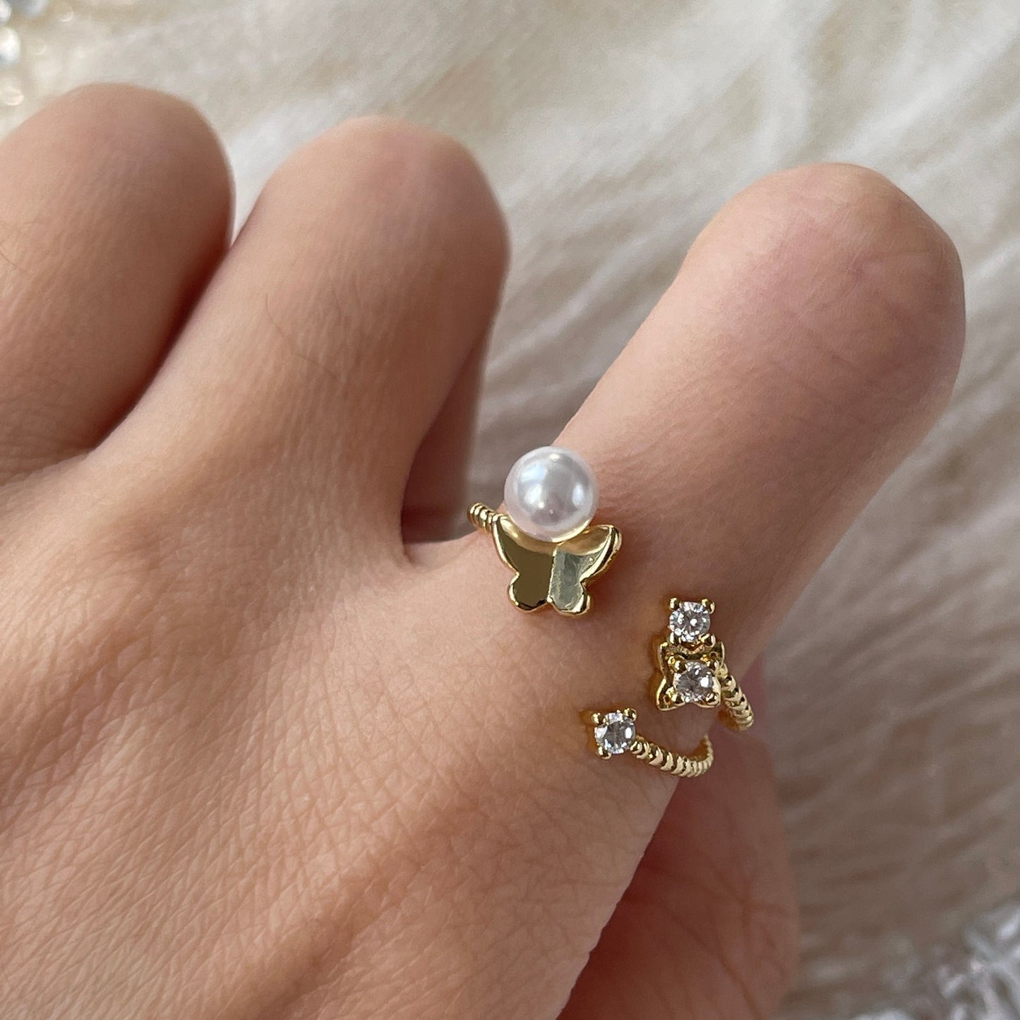 Gold butterfly ring, Pearl floral ring, Multi layer ring, Golden star ring, Minimalist stacking ring, Gold vine cz ring, Dainty open rings