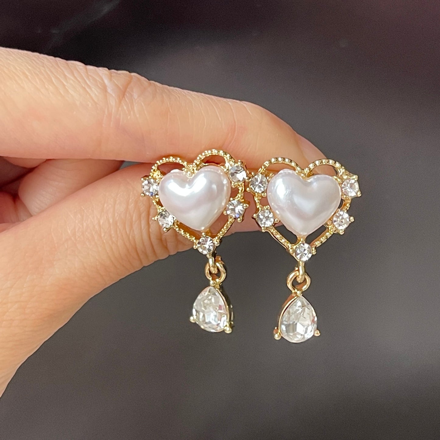 Romantic Pearl Heart Teardrop Earrings - Gold Lace Heart Dangle Earrings