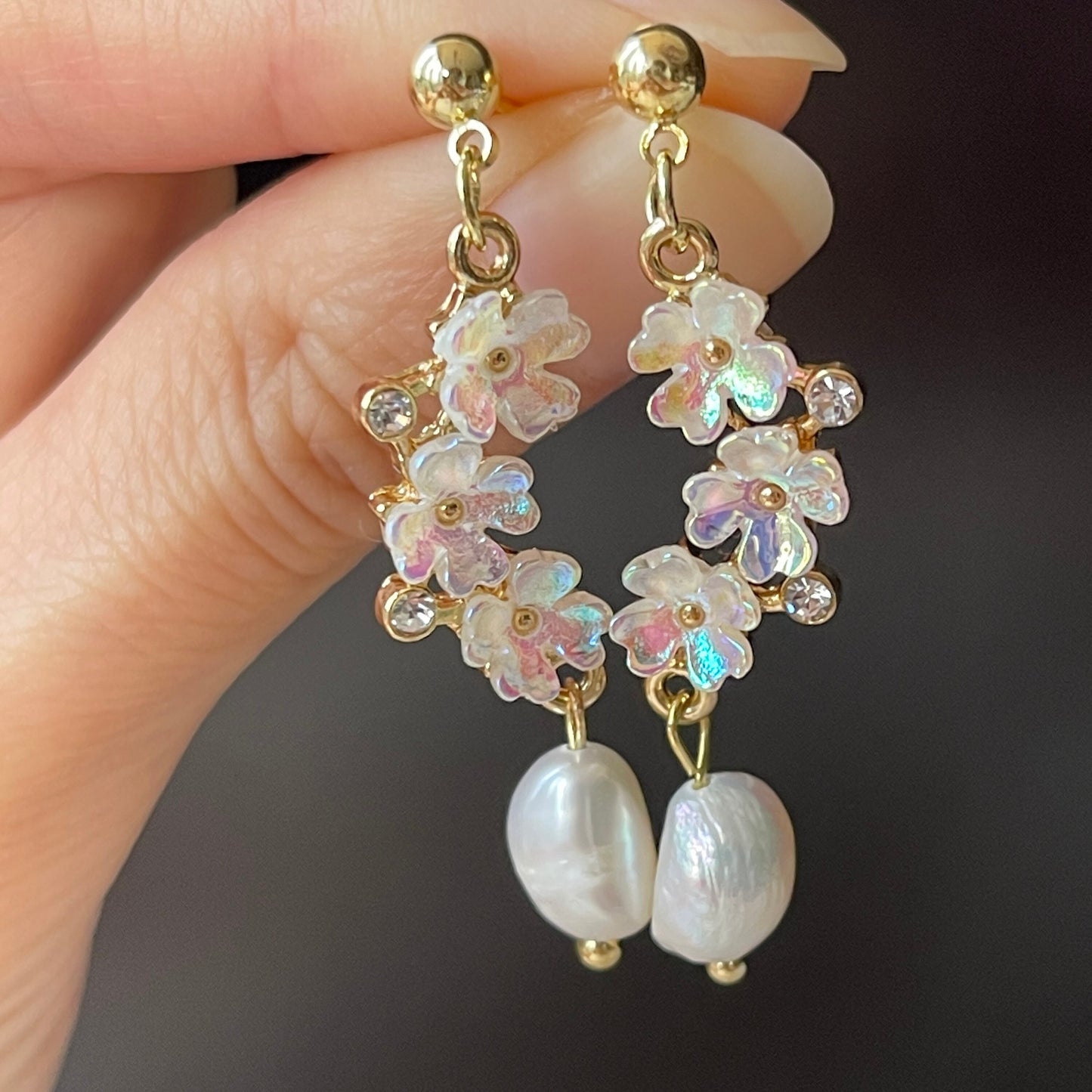 Cherry Blossom Earrings - Flower Cluster Natural Pearl Drop Earrings