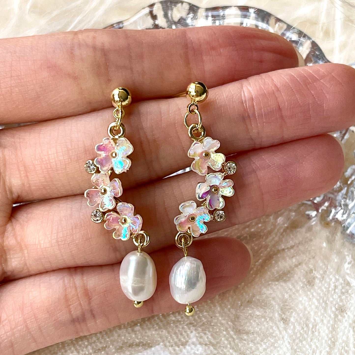 Cherry Blossom Earrings - Flower Cluster Natural Pearl Drop Earrings