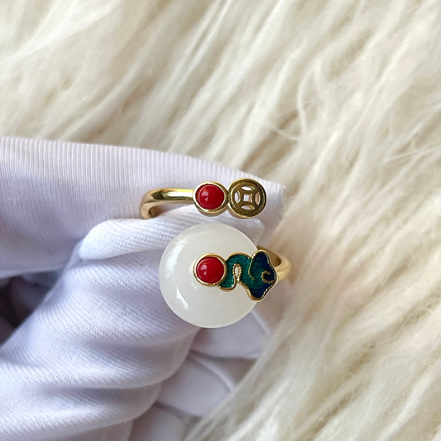 Creative Natural Jade Gold Unisex Cocktail Ring | Rotatable Mobile Nature Energy Ring Gift