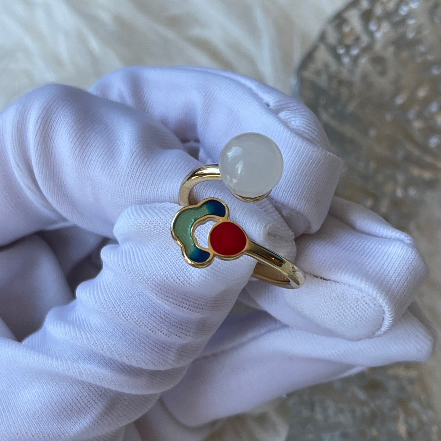 Healing Energy Jade Multicolored Cocktail Ring | Nature Inspired Natural White Jade Ring