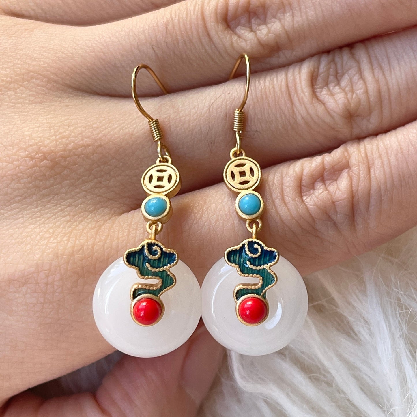 Natural Round Jade Earrings - Rotatable Gold Coin Vintage Statement Earrings