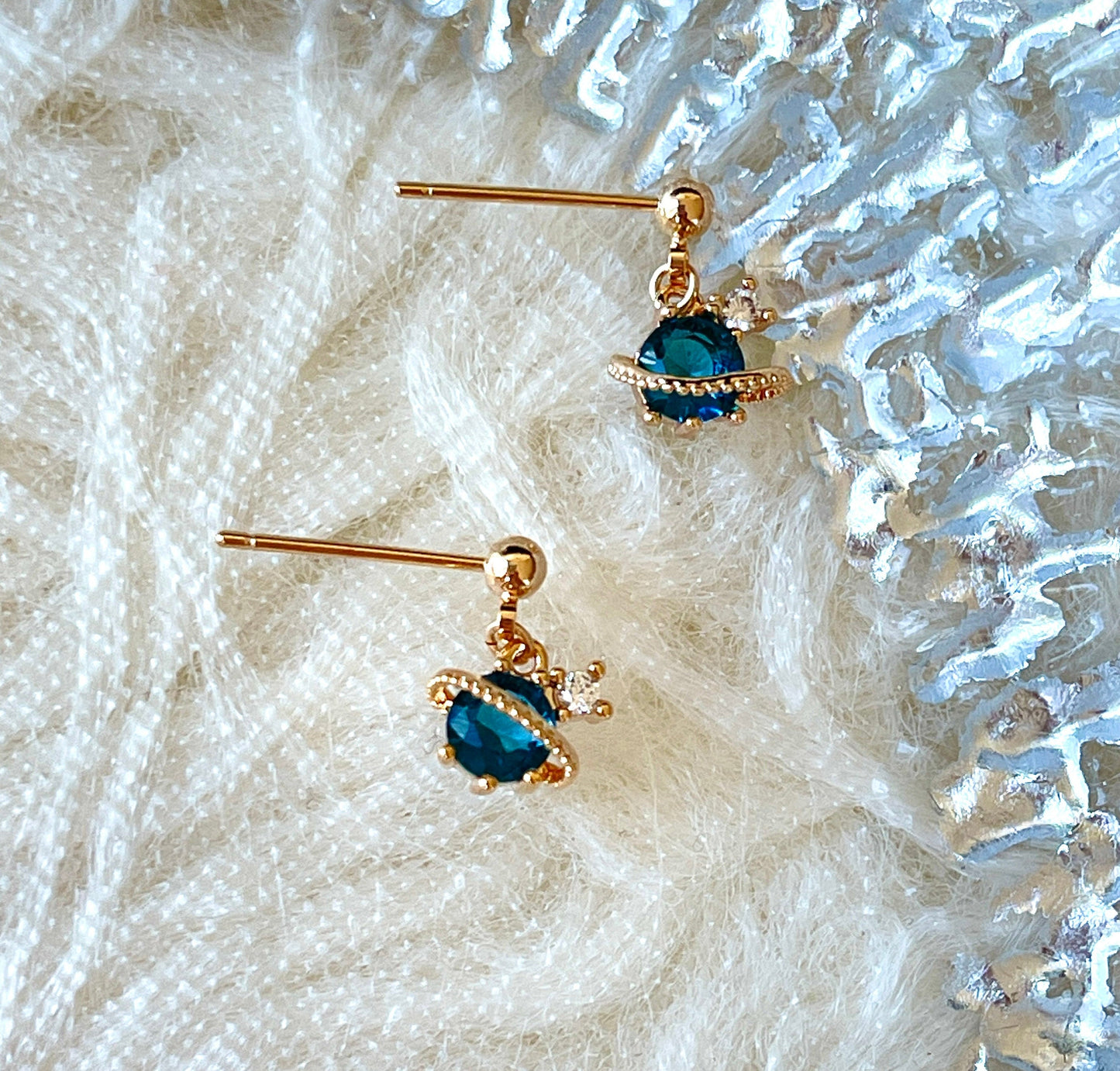 Blue Sapphire Saturn Earrings - 3D Planet Galaxy Earrings