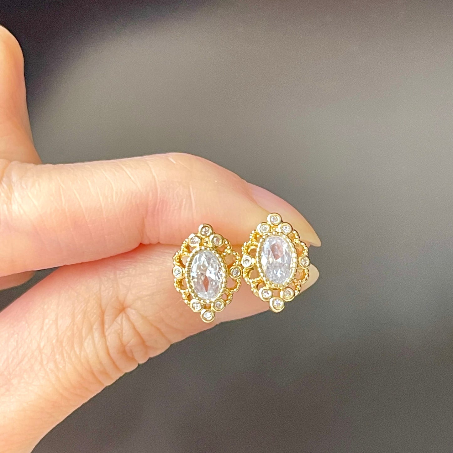 Oval Diamond Stud Earrings, Gold Lace CZ Earrings, Vintage Dainty Earrings, Crown Earrings, Luxury Minimalist Earrings, April Birthstone