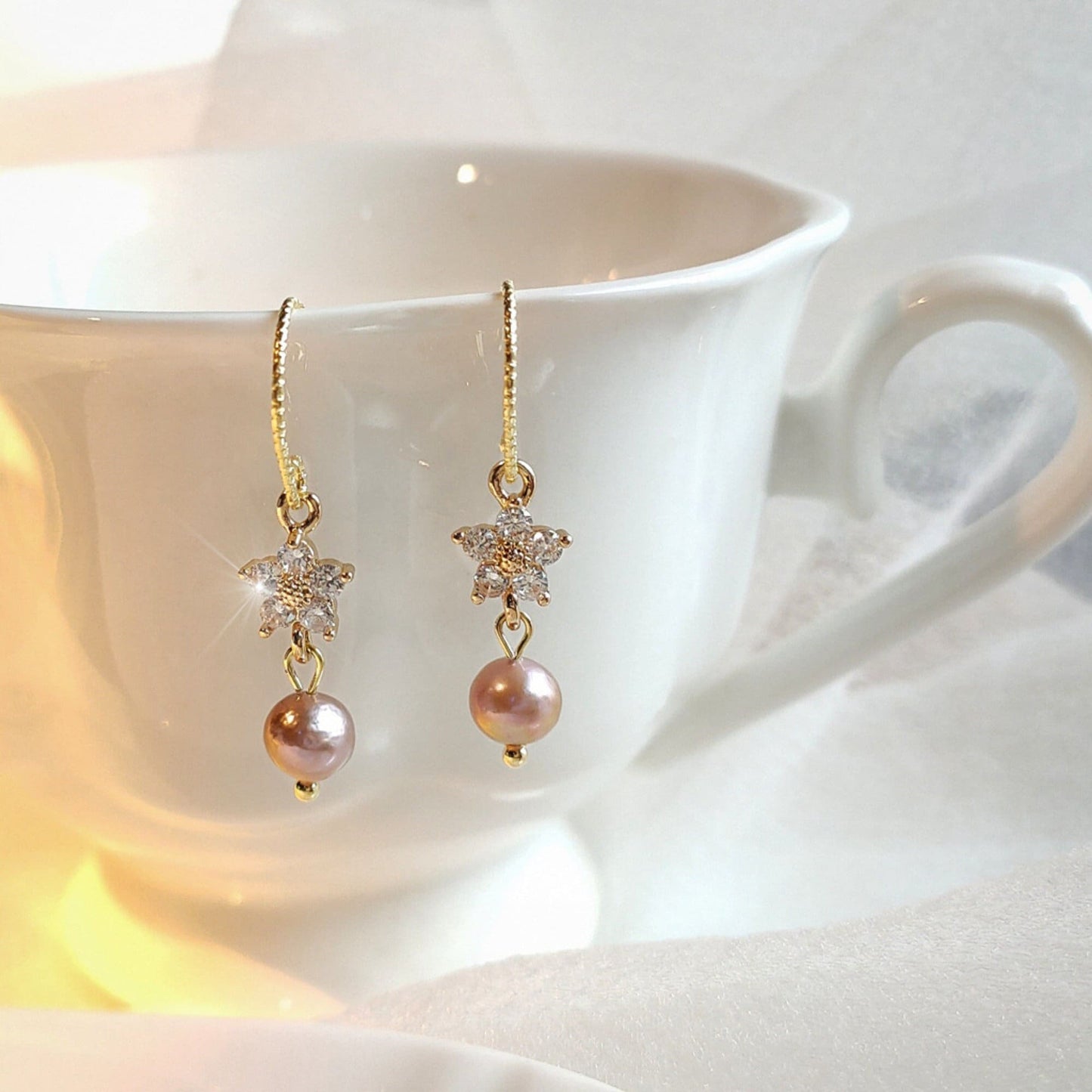 Natural Pink Pearl Crystal Floral Earrings | Pink Pearl Bridesmaid Wedding Earrings