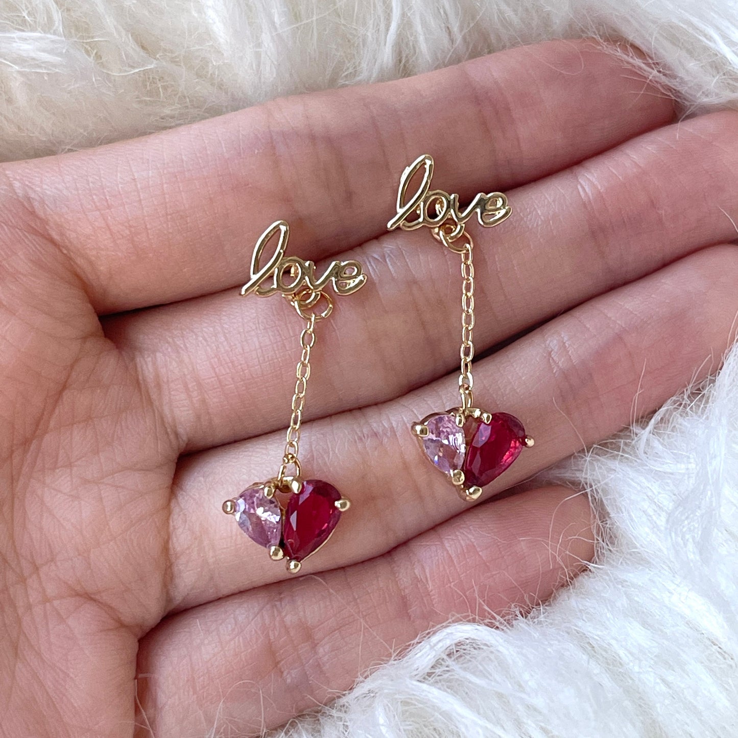 Love Letter Pink Heart Dangle Drop Earrings | Handmade 2 Tone Pink Crystal Gemstone Earrings