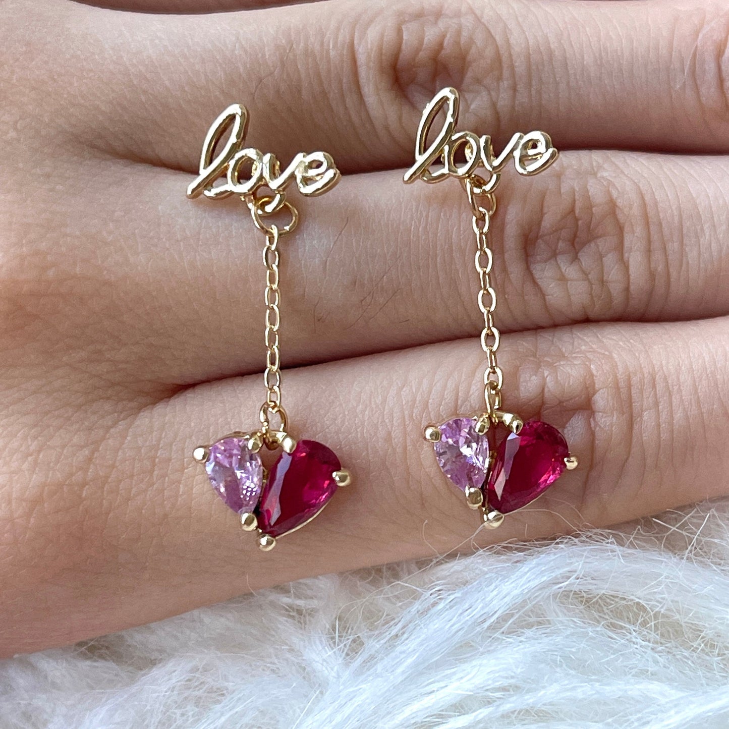 Love Letter Pink Heart Dangle Drop Earrings | Handmade 2 Tone Pink Crystal Gemstone Earrings