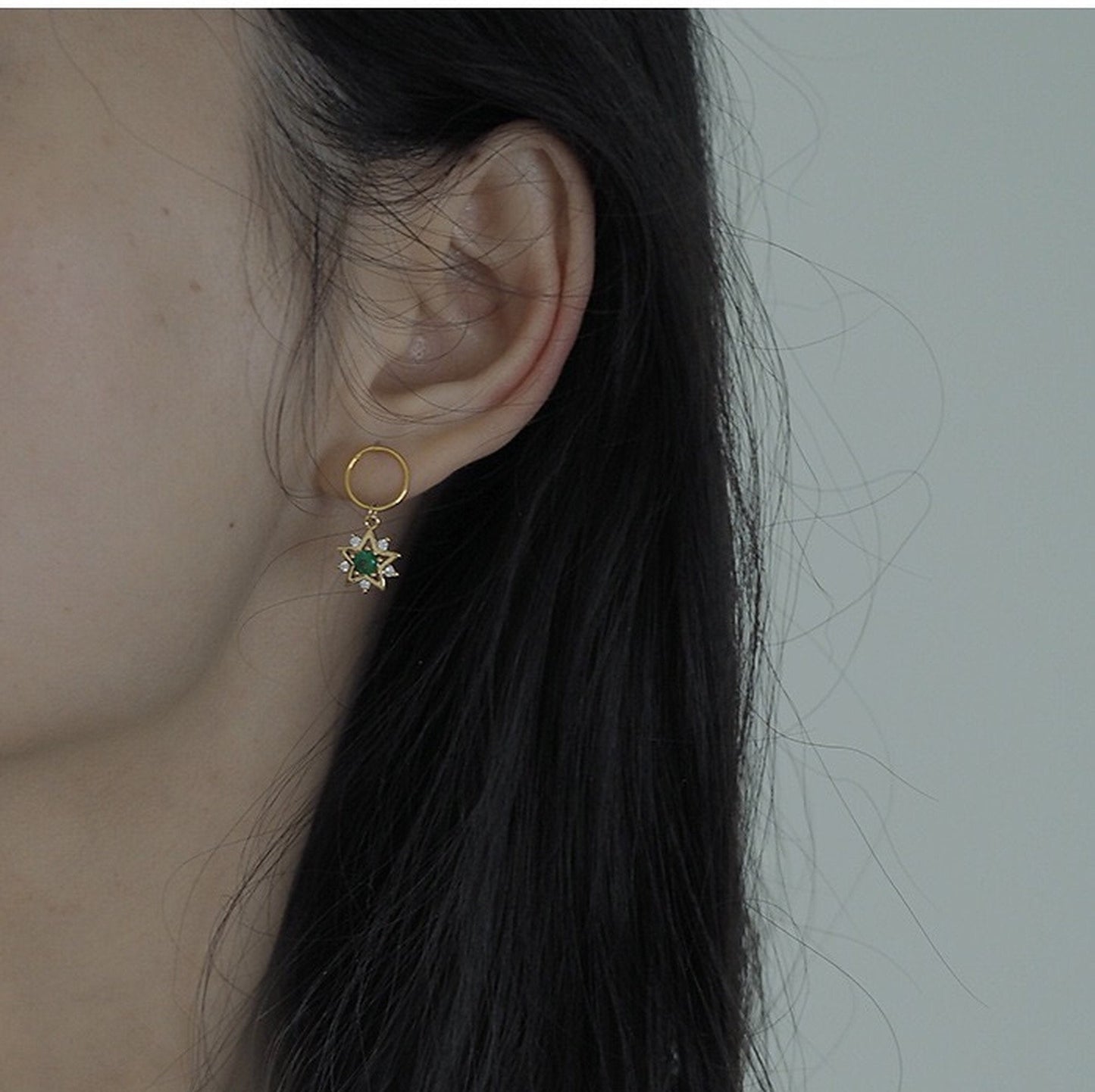 Handmade Emerald Green Golden Star Earrings | North Star Celestial Starburst Hoop Earrings