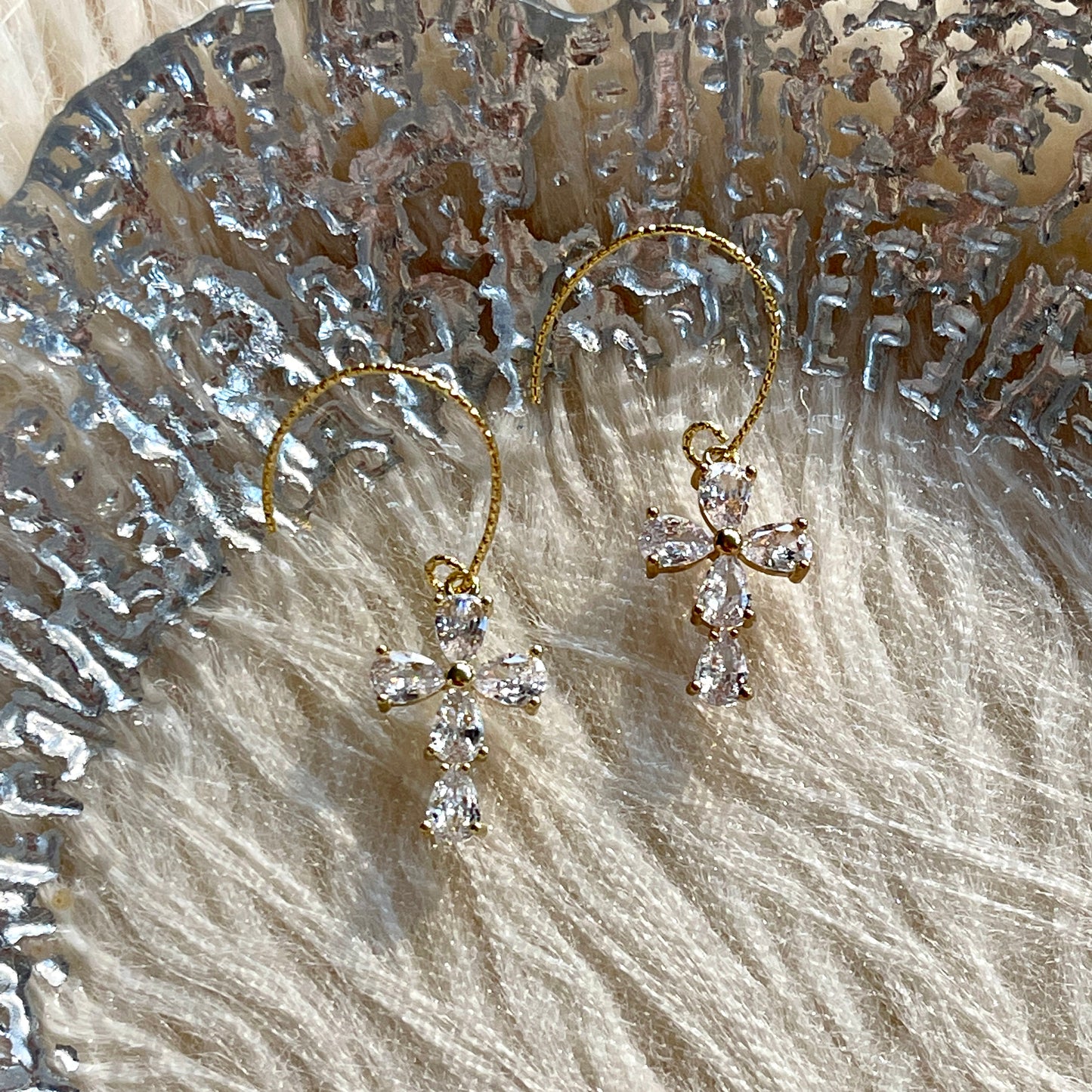 Dainty Diamond Crystal Cross Dangle Ear Wire Earrings | Unique Gold Cross Earrings