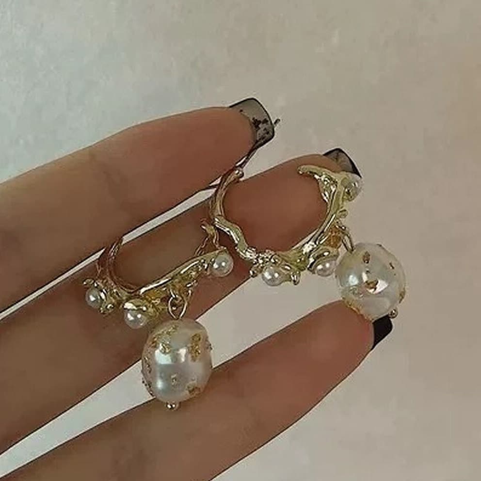 Baroque Pearl Gold Hoop Earrings - Avant Garde Pearl Statement Jewelry