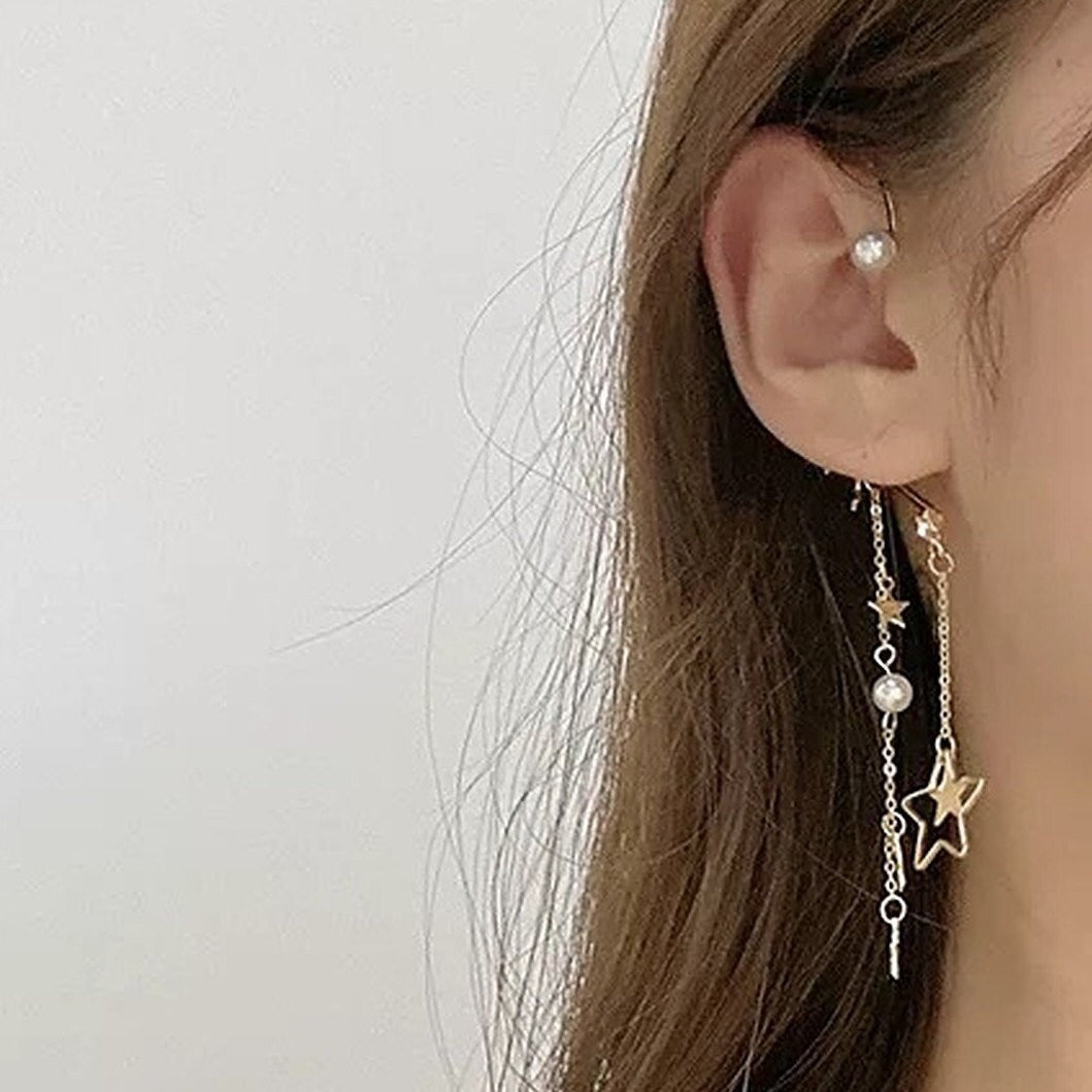 Mismatched Golden Star Ear Climber Crawler | No Piercing Helix Conch Dangle Cuff Wrap