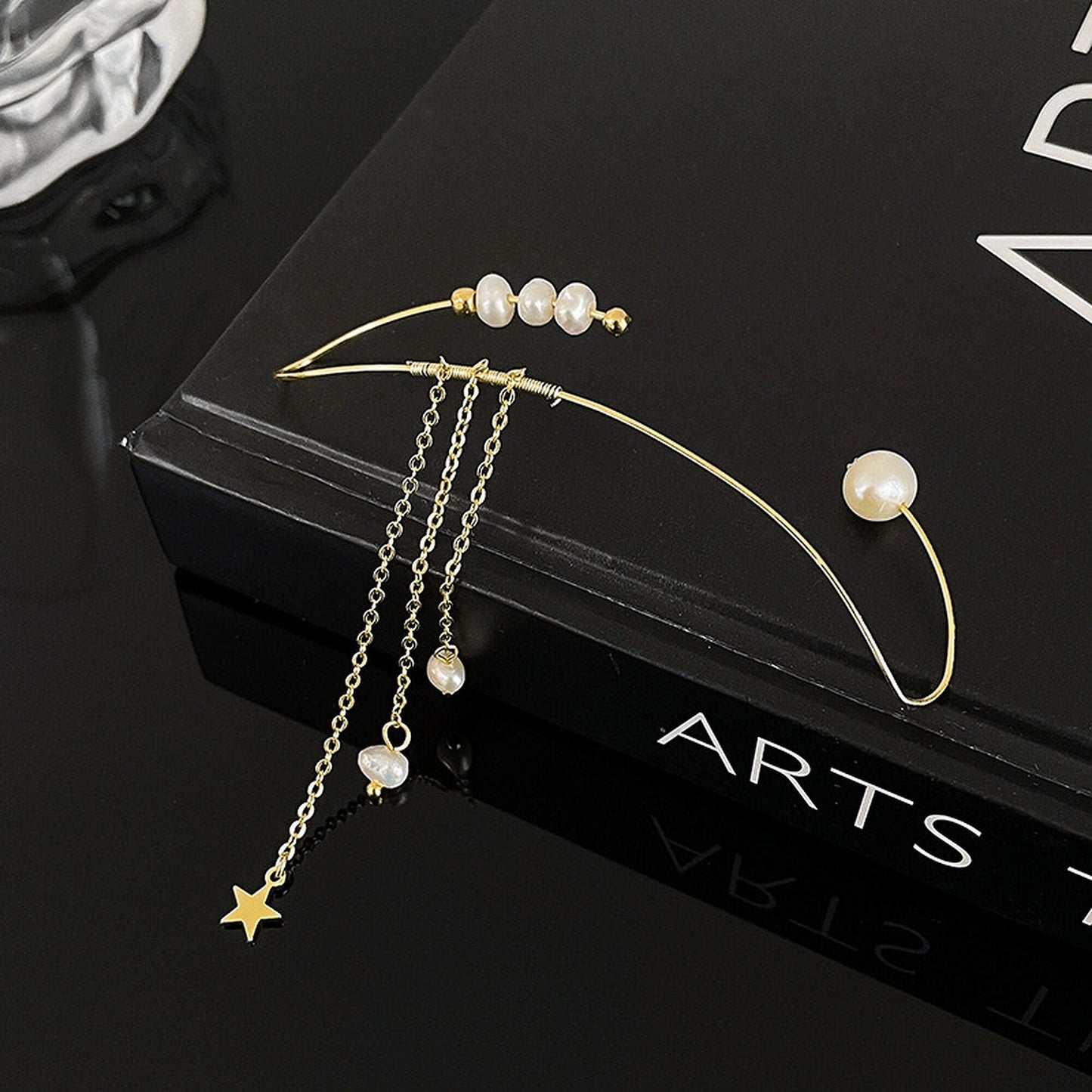 Bohemian Non Pierced Pearl Dangle Full Ear Wrap | Golden Star Long Dangle Helix Cuff Earrings