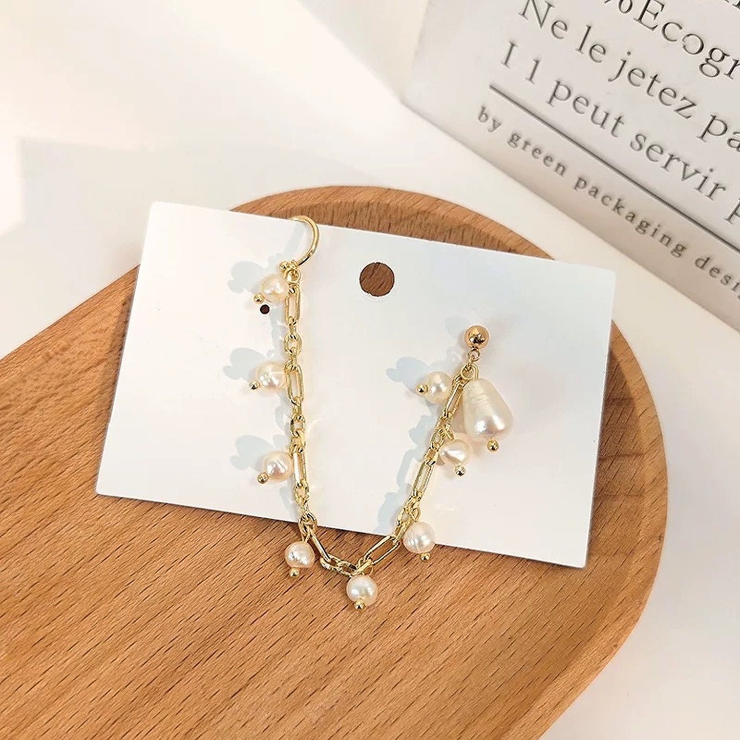 Handmade Freshwater Pearl Gold Dangle Chain Cuff Earrings - Conch Helix Ear Climbers