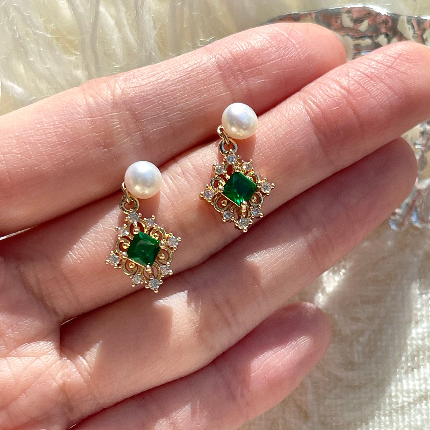 2-Way Natural Pearl Green Emerald Gold Lace Earrings | Handmade Luxury Dainty Jewelry