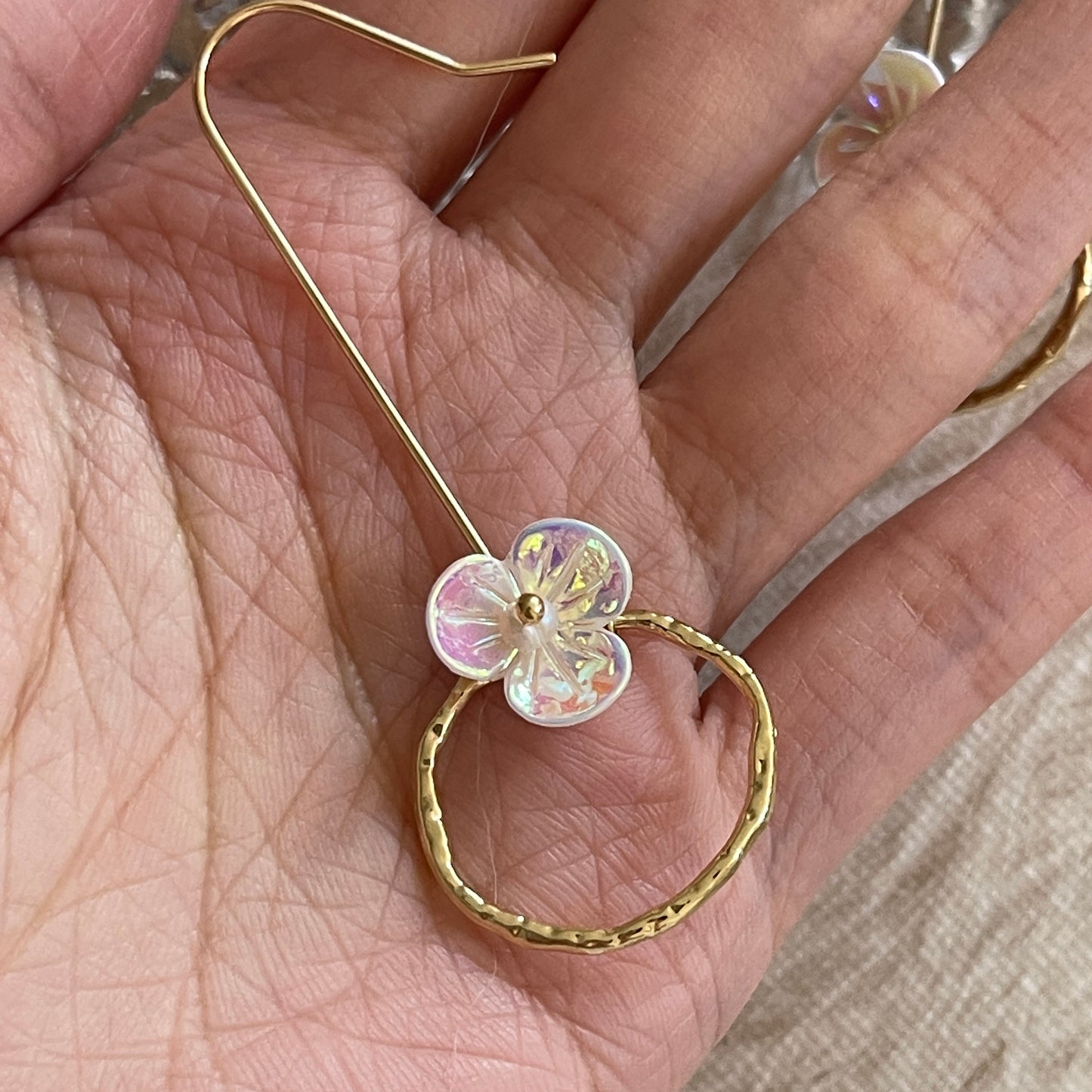 Gold hoop dangle earrings, color changing flower earrings, loop ring drop earrings, unique statement dangle, geometric earrings, y2k quirky