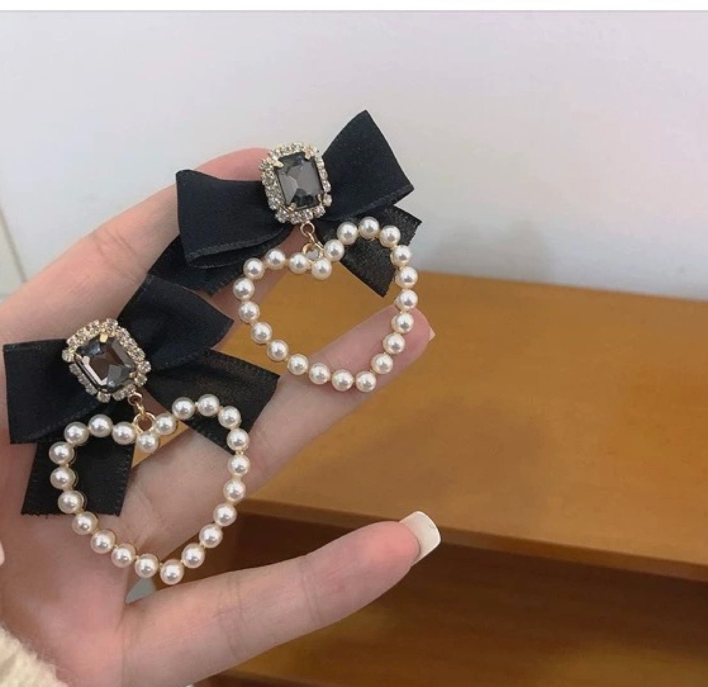 Balletcore Black Silk Ribbon Earrings | Bow Statement Pearl Heart Hoop Earrings