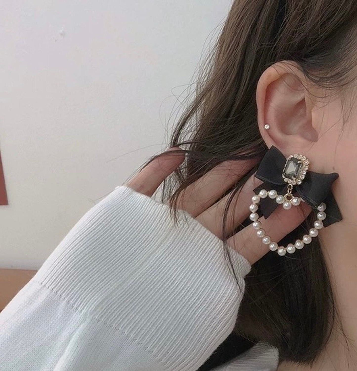 Balletcore Black Silk Ribbon Earrings | Bow Statement Pearl Heart Hoop Earrings