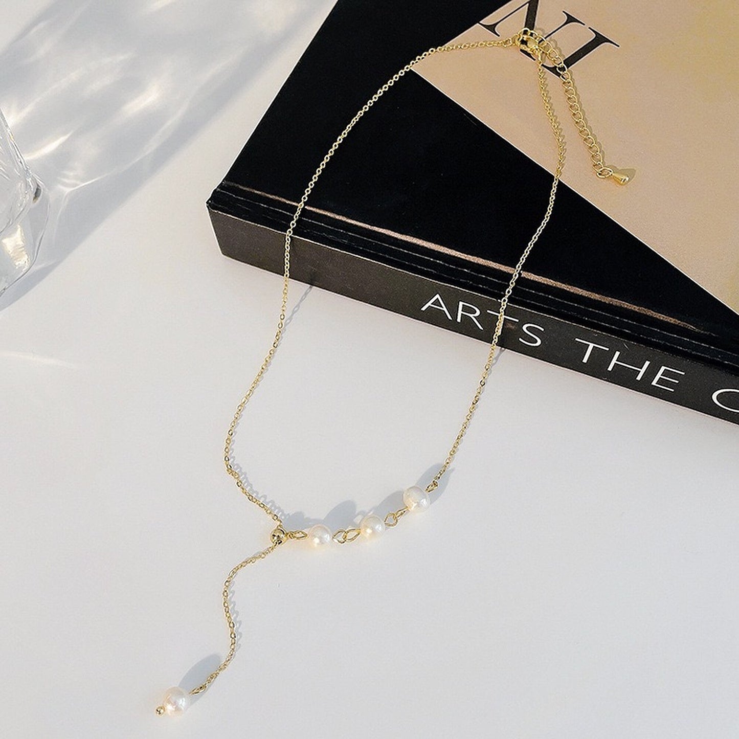 Lariat necklace, Y necklace, Pearl necklace, Gold necklace, Bridesmaid wedding gift, Adjustable layering necklace, Freshwater pearl pendant