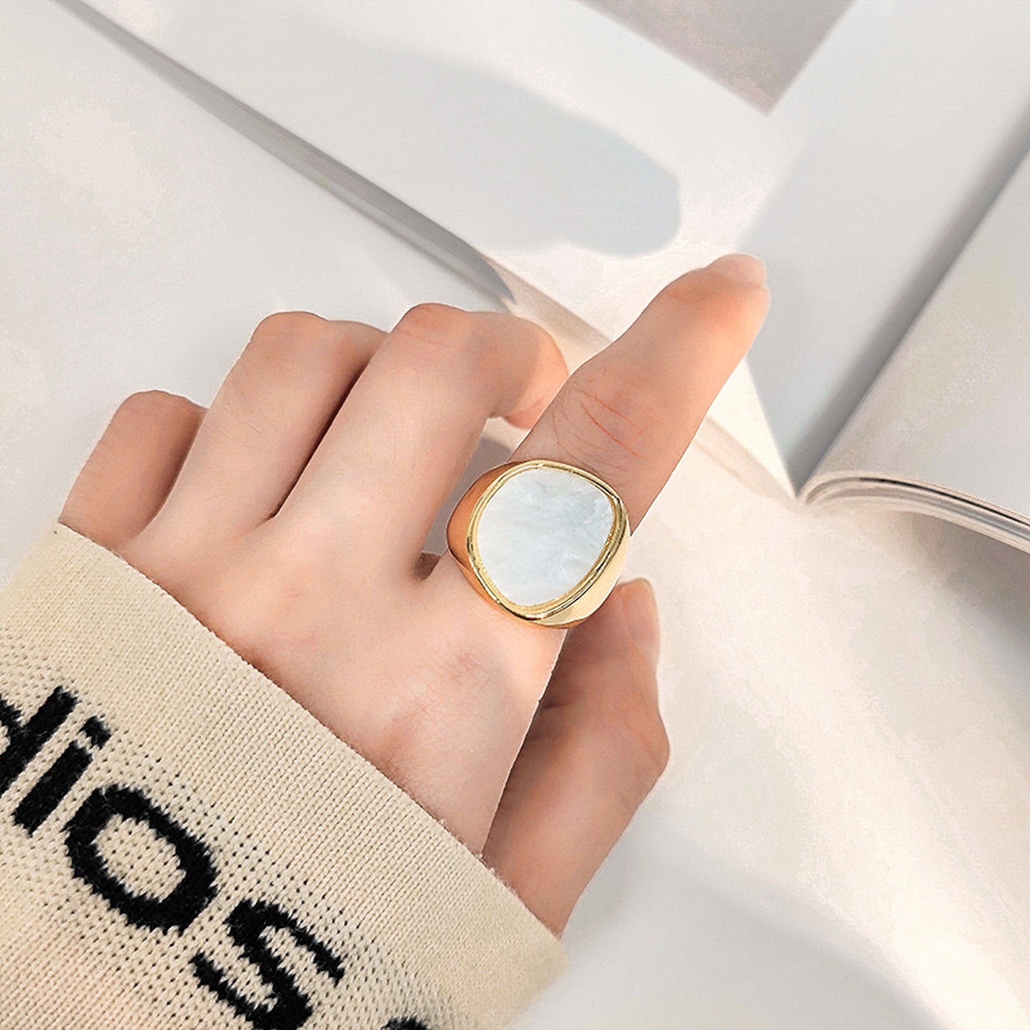 Mother of Pearl White Statement Signet ring - Chunky Fashion Cocktail Ring - Energy Power