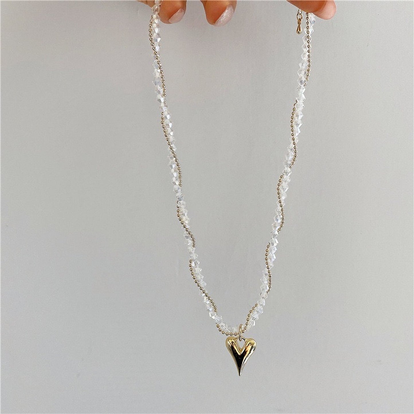 Double Layering 2 Strand Twisted Necklace | Gold Heart Pendant Crystal Strand Statement Choker