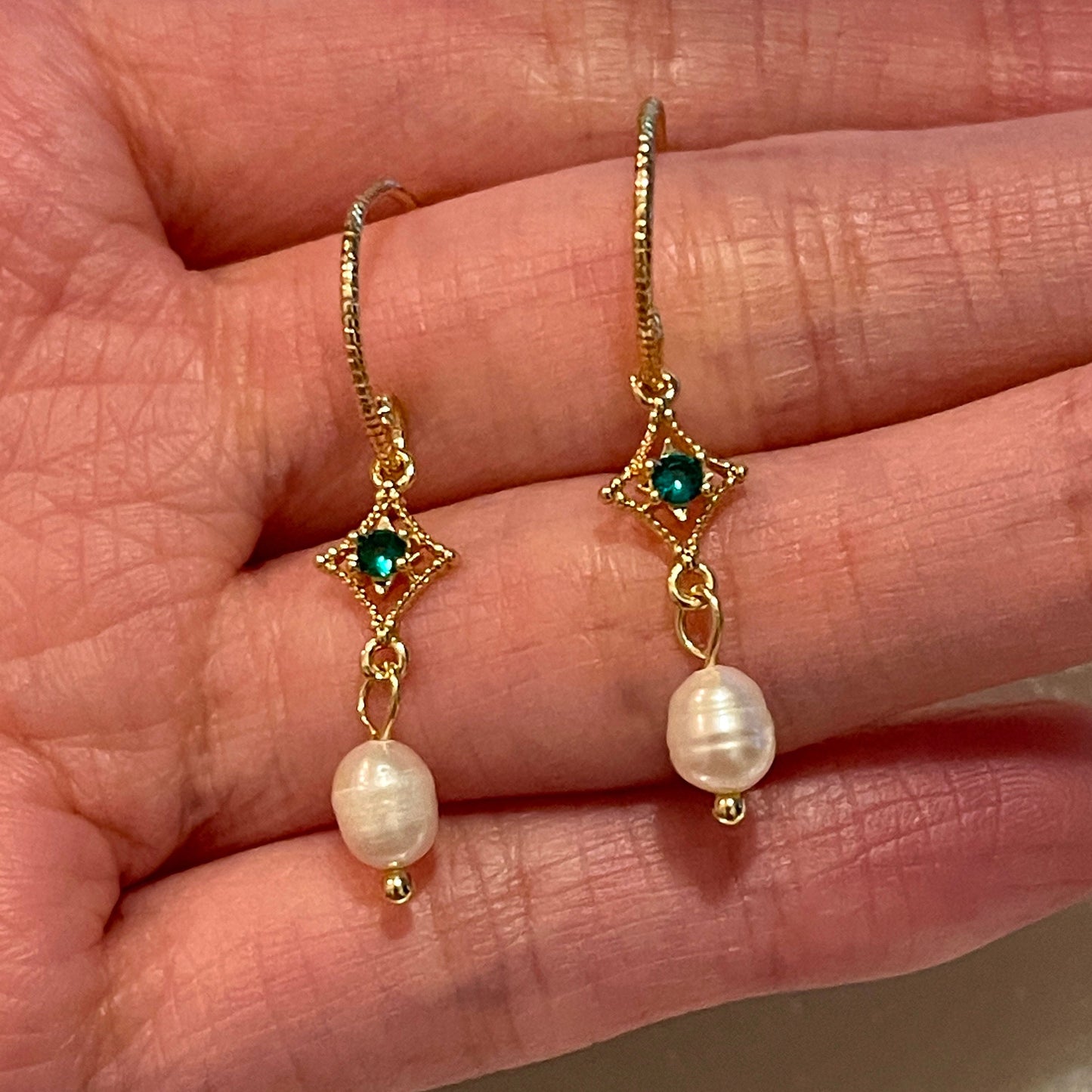 Green Emerald Pearl Dangle Gold Lace Earrings | Handmade Dainty Emerald Ear Wire Earrings