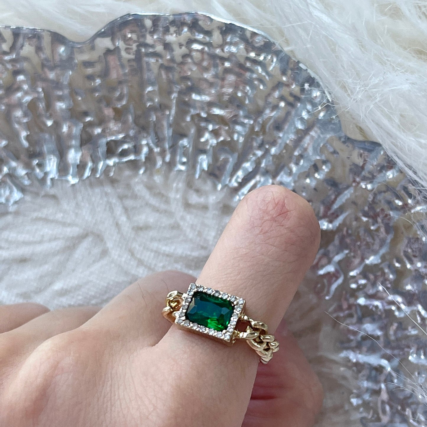 Emerald Green Gold Cuban Chunky Ring | Rectangle Green Emerald Nature Energy Ring