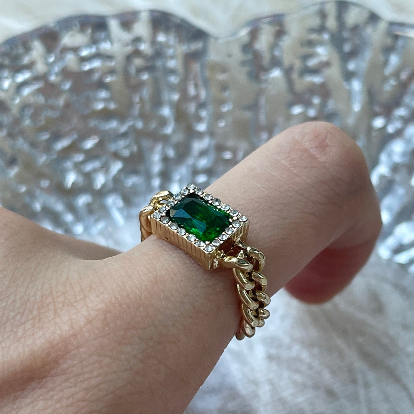 Emerald Green Gold Cuban Chunky Ring | Rectangle Green Emerald Nature Energy Ring