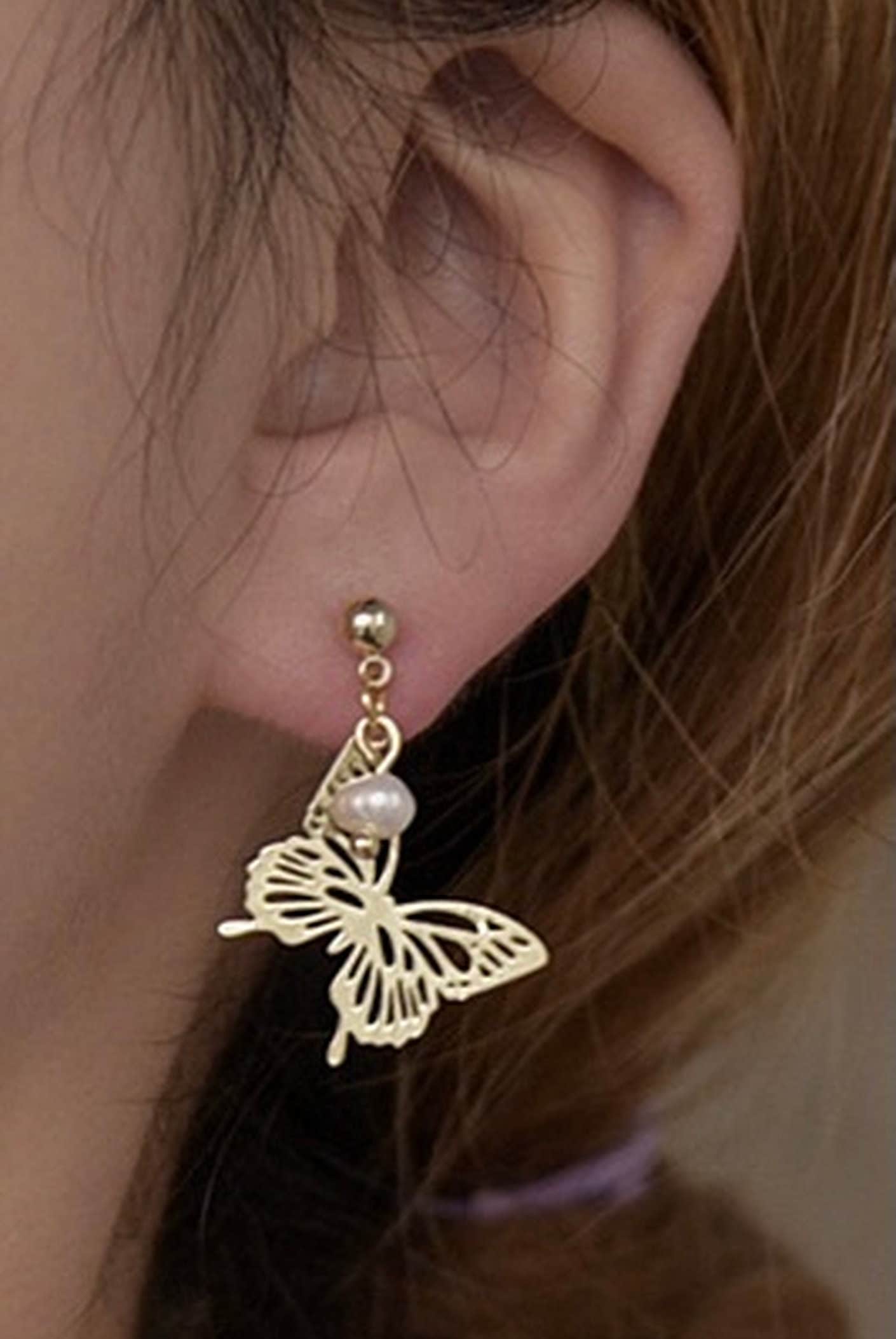 Golden Lace Butterfly Statement Earrings - Asymmetric Natural Pearl Dangle Earrings