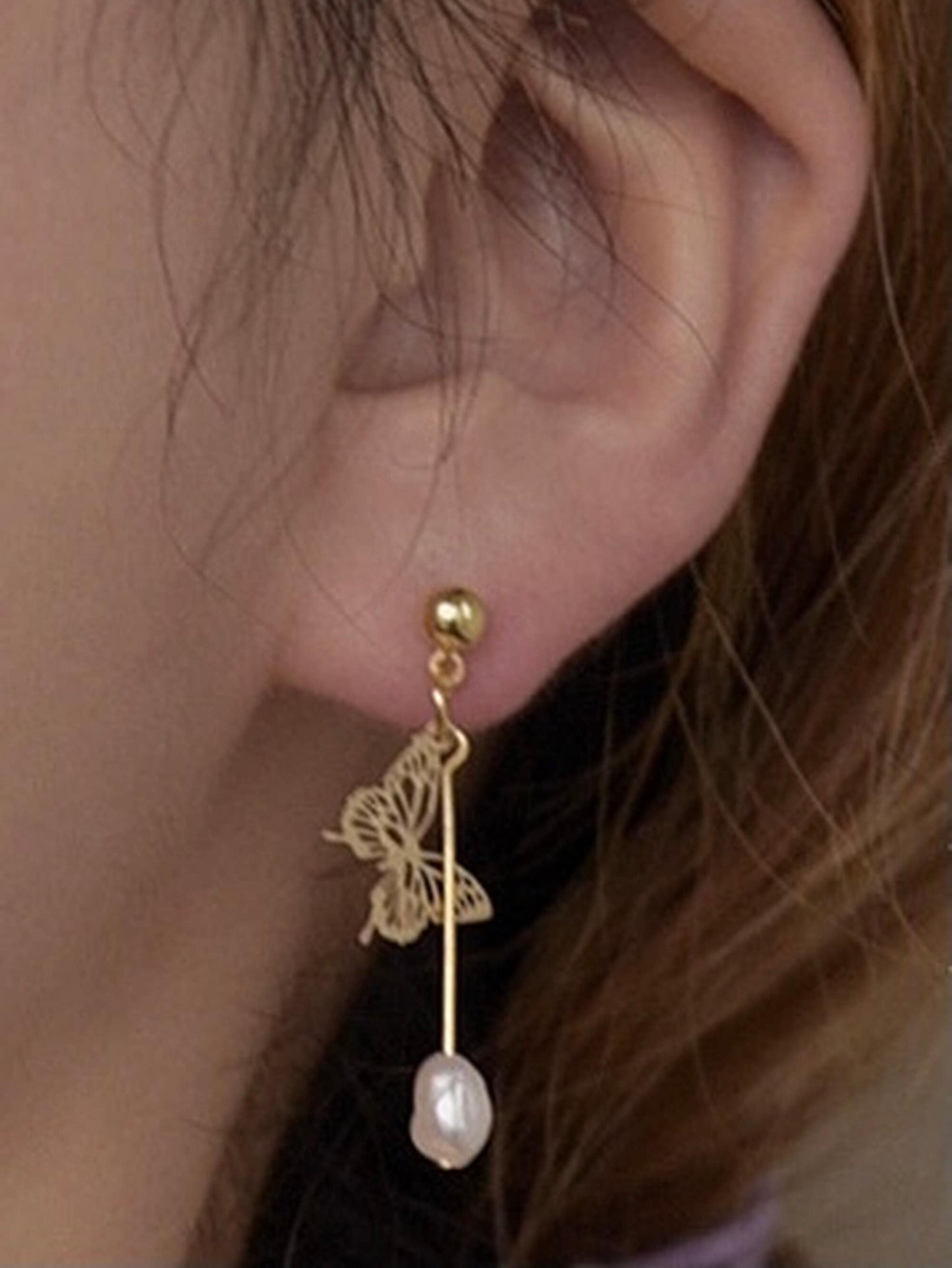 Golden Lace Butterfly Statement Earrings - Asymmetric Natural Pearl Dangle Earrings