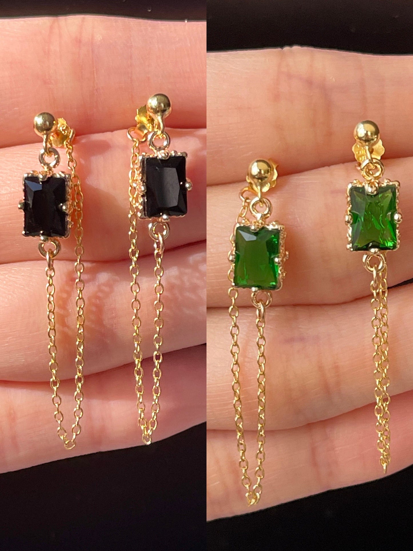 Green Emerald|Black Gemstone Earrings, Interlocking Earrings, 14K Gold Link Chain Cuff Earrings, Threader Earrings, Gothic Vintage Earrings